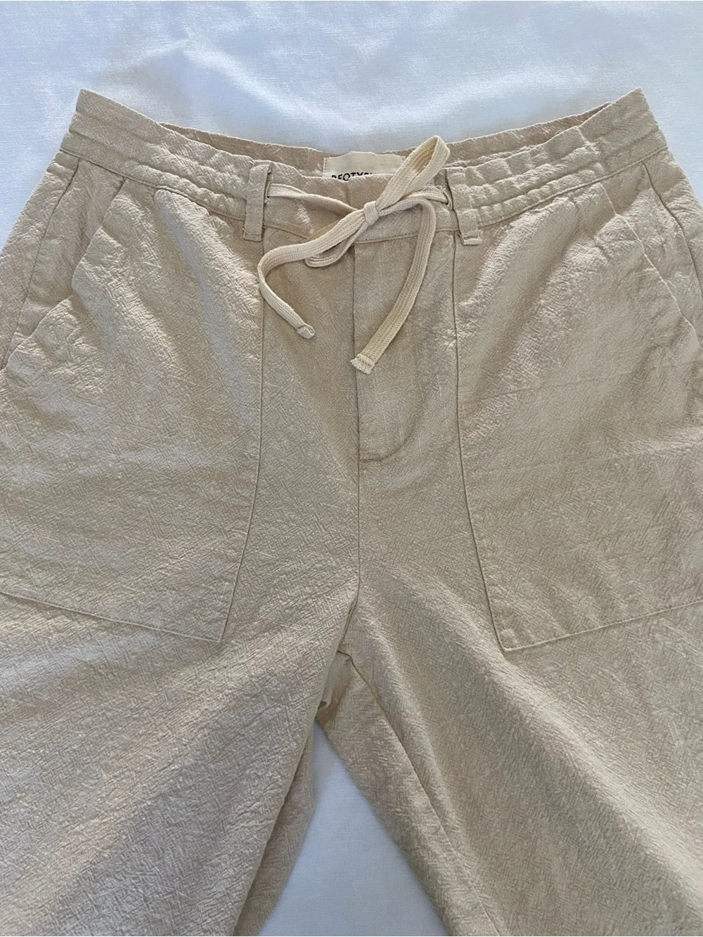 Men’s Beotyshow Beige Drawstring Linen-Blend Pants